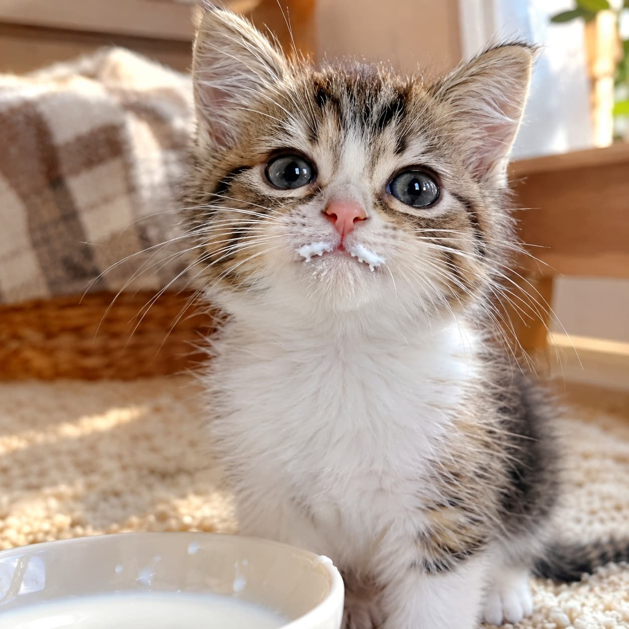 「ミルクたっぷり飲んだのかな？お口の周りの白いおひげがたまらない可愛さ🥛🐈✨ #猫のいる風景 #にゃんすたぐらむ」Ultra-realistic high-quality photograph of a cute brown tabby and white kitten with a white milk mustache, sitting next to a bowl of milk on a soft rug. The kitten has large clear blue-grey eyes and looks directly at the camera in a sunlit, cozy room. 温かな陽射しが差し込む室内で、ミルクの入った白いボウルの横にちょこんと座るキジトラ白の子猫。口の周りに真っ白なミルクひげをつけて、大きく澄んだブルーグレーの瞳でこちらを見つめる姿が詳細に描写されています。柔らかなラグの質感と自然光が相まって、非常に穏やかな情景