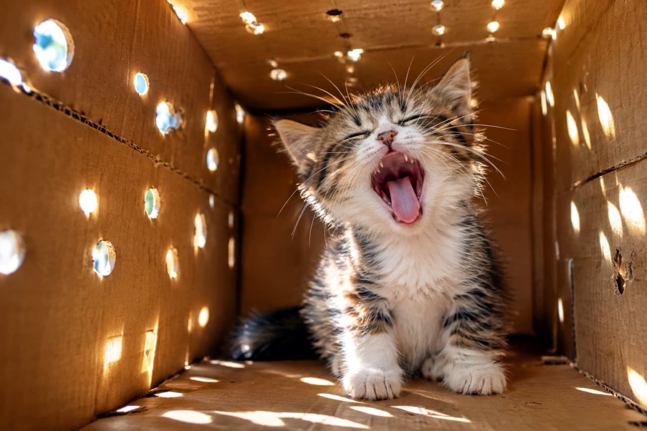 「ぽかぽかお日様で思わずふわぁ〜っ🥱無防備な大あくびに癒やされる🐈✨ #猫のいる風景 #にゃんすたぐらむ」Ultra-realistic high-quality photograph of a brown tabby and white kitten yawning widely with its eyes closed inside a cardboard box. Sunlight streams through circular holes in the box, creating beautiful dappled lighting on the kitten's fur. 側面に丸い穴がいくつも開けられた段ボール箱の中にいるキジトラ白の子猫。穴から差し込むドラマチックな光を浴びながら、目を閉じて無防備に大きくあくびをしている瞬間を捉えています。差し込む光の筋と、子猫の柔らかな毛並み、小さな牙まで克明に描写されています