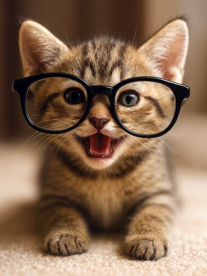 Photorealistic kitten wearing oversized glasses sliding down its nose, playful expression, humorous and cute scene. 大きな黒縁メガネをかけた若いトラ猫。柔らかな場所に横たわり、口を開けて目を見開いた表情がユーモラスで愛らしい