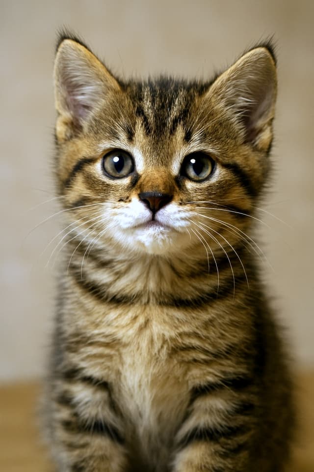 Photorealistic tabby kitten with a milk mustache, looking proudly at the camera against a soft beige background. ミルクを飲んだあと、口元に白いひげをつけたキジトラ子猫が誇らしげにカメラを見つめている。柔らかな毛並みと輝く瞳が印象的
