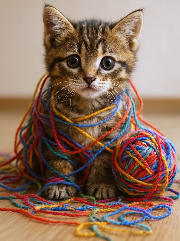 「毛糸まみれ」Photorealistic tabby kitten tangled in colorful yarn ball, looking guilty yet adorable on a wooden floor — playful and heartwarming cat scene. 木の床の上でカラフルな毛糸に絡まりながら座るキジトラ子猫。目を大きく見開き、遊び心に満ちている