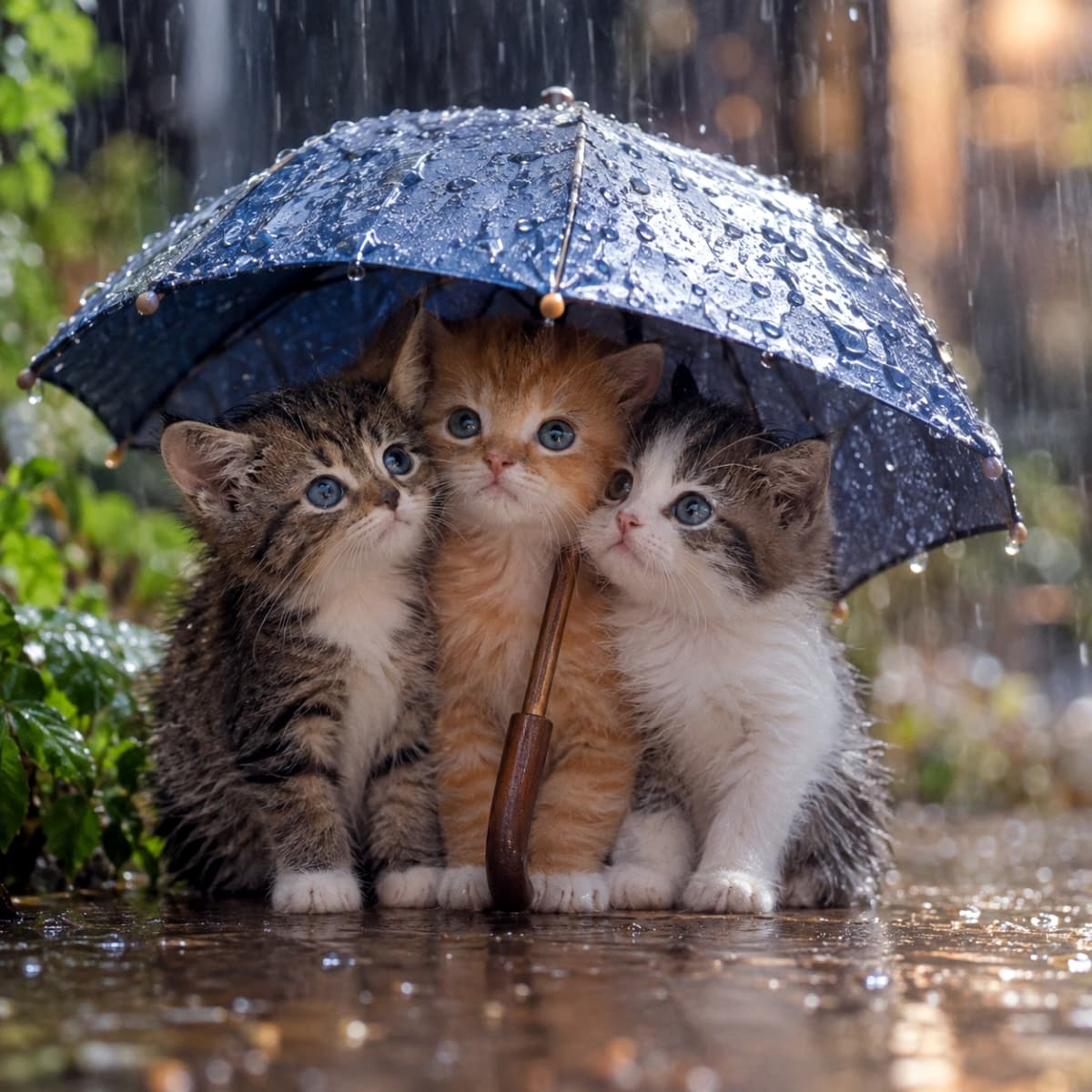 「傘の下で雨宿り、3匹の澄んだ瞳🐈✨#猫のいる風景 #にゃんすたぐらむ」Ultra-realistic high-quality photograph of three kittens huddled together under a small blue umbrella in the rain on wet ground. The center kitten is an orange tabby, flanked by two brown tabby and white kittens, all looking up with large clear blue eyes. Raindrops on the umbrella and the wet texture of their fur are highly detailed against a blurred background of plants. 雨の降る濡れた地面の上で、青い小さな雨傘の下に3匹の子猫が寄り添っている。中央はオレンジタビー（茶トラ）の子猫、左右はキジトラ白の子猫で、全員大きな澄んだ青い瞳で上を見つめている。傘についた雨粒や、子猫たちの濡れた毛並みが詳細に描写され、背景には雨で濡れた植物や光がボケている