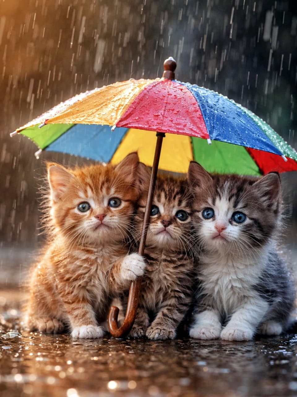 「雨宿りはぎゅうぎゅうが正解。小さな傘の下、ぬくもり3倍の子猫会議」Three kittens huddled together under a tiny colorful umbrella in the rain, cinematic and photorealistic lighting. 雨の中、小さなカラフルな傘の下で身を寄せ合う3匹の子猫。シネマティックで写実的な表現