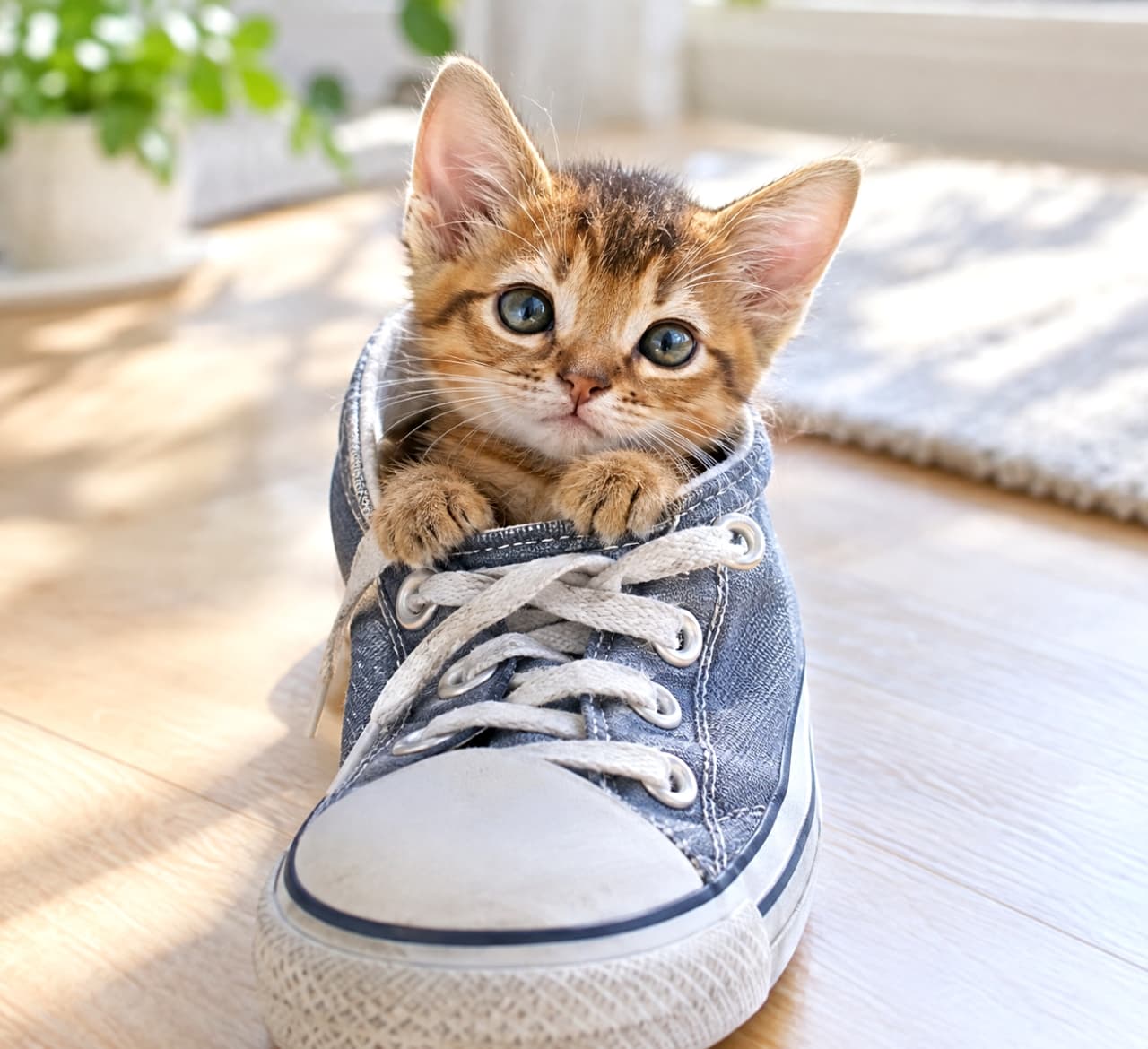 「小さなお家を見つけちゃった！スニーカーにすっぽり収まるサイズ感がたまらない可愛さ👟🐈✨ #猫のいる生活 #にゃんすたぐらむ」Ultra-realistic high-quality photograph of a tiny brown tabby kitten peeking its head and tiny paws out of a well-worn blue canvas sneaker on a sunlit wooden floor, staring directly into the camera with large, curious eyes. 日当たりの良いフローリングの床に置かれた使い込まれた青いデニム生地のスニーカーの中から、小さなキジトラの子猫が顔と前足を出しています。少し大きめの耳と、好奇心旺盛な澄んだ丸い瞳でこちらをじっと見つめており、サイズ感の対比が魅力的な一枚