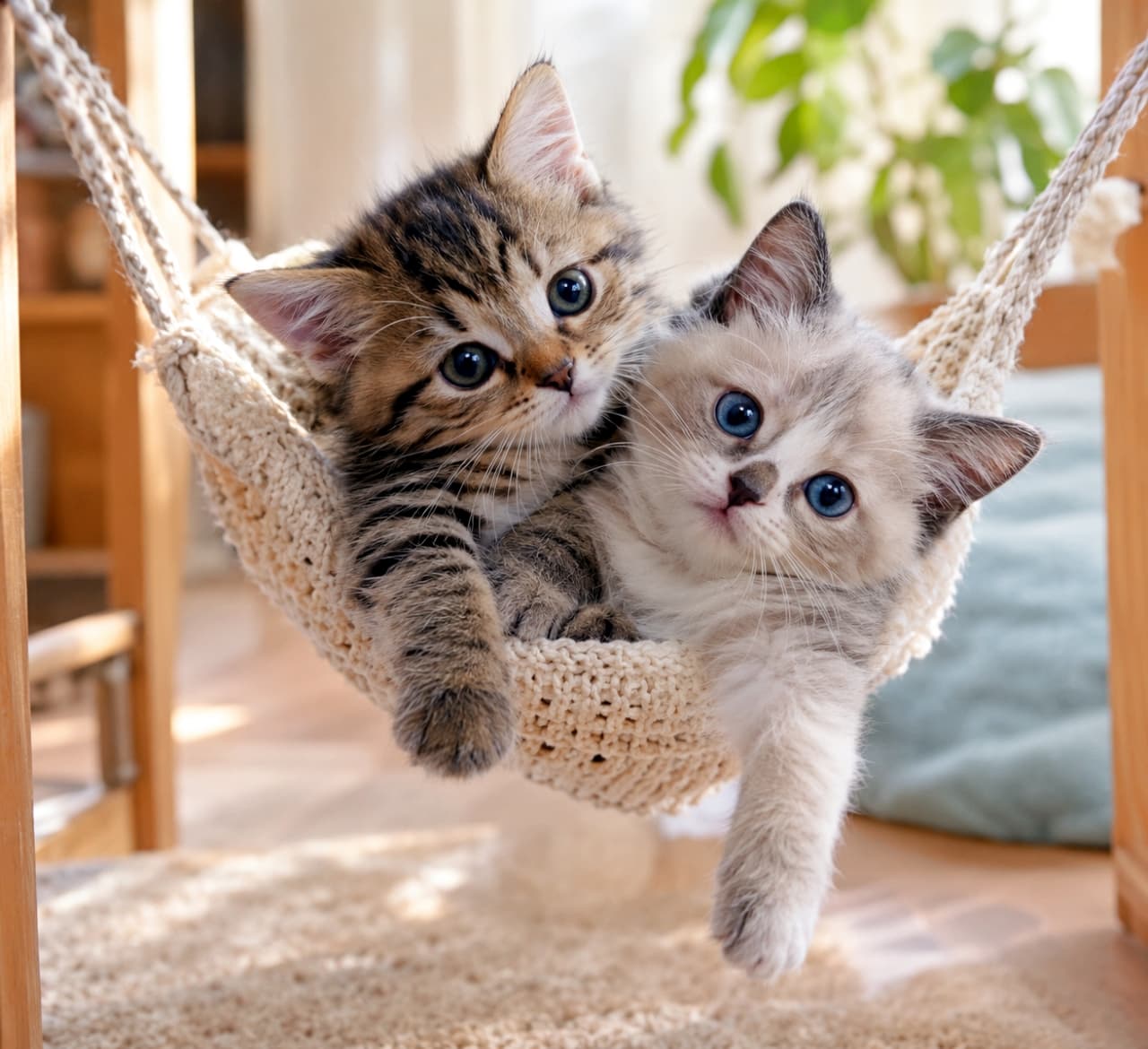 「ハンモックでゆらゆら、仲良し子猫コンビ🐈✨小さなハンモックに、ふたりの夢がぎゅっと揺れる #猫のいる風景 #にゃんすたぐらむ」Ultra-realistic high-quality photograph of two adorable kittens nestled together in a handmade white macrame hammock indoors. On the left is a brown tabby kitten with large green eyes, and on the right is a pointed kitten with striking blue eyes, both looking directly at the camera. Their soft fur and the intricate knit of the hammock are highly detailed. The background shows blurred wooden furniture and potted plants with soft natural daylight. 明るい室内で、手編みの白いマクラメハンモックに2匹の子猫が寄り添っている。左側はグリーンの瞳が印象的なキジトラの子猫、右側は澄んだ青い瞳を持つポインテッド（シャム風）の子猫。2匹ともこちらをじっと見つめており、ハンモックの編み目や子猫たちの毛並みが詳細に描写されている。背景には木製家具や観葉植物が柔らかくボケており、柔らかな自然光が差し込んでいる