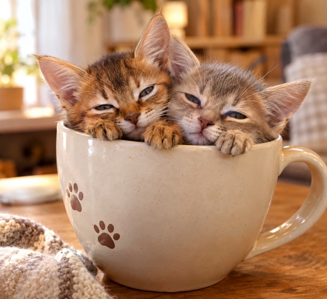 「マグカップにすっぽり収まる2匹の天使！とろんとしたお目々に癒されること間違いなし☕️🐈✨ #猫のいる生活 #にゃんすたぐらむ」Ultra-realistic high-quality photograph of two sleepy kittens, one brown tabby and one lighter silver-brown tabby, snugly fitting inside a large beige mug with paw prints, resting their tiny paws on the rim in a cozy setting. 🐾柄の大きめのベージュ色のマグカップの中に、2匹の子猫がすっぽりと収まり寄り添っています。左側は赤茶系のキジトラ、右側は少し淡い色合いのサバトラ風の子猫で、どちらもとろんとした眠たげな目でこちらを見つめ、マグカップの縁に小さな前足を乗せている、とても温かくリラックスした情景