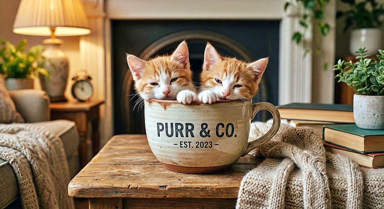 「「PURR & CO.」の特製ラテ?カップにみっちり詰まった双子ちゃん、暖炉の前でほかほか夢気分」Two ginger and white kittens resting their paws on the rim of an oversized mug labeled "PURR & CO.", situated on a wooden table with books and a fireplace in the cozy background. 「PURR & CO.」とロゴが入った大きなマグカップにすっぽりと入り、縁に前足をかけてウトウトしている2匹の茶白の子猫。背景には暖炉や本があり、温かいリビングの様子