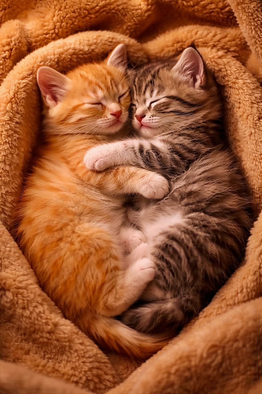 「ぴったり寄り添ってハート完成💛見ているだけで心までぽかぽかする、仲良し子猫の寝顔タイム」Two kittens sleeping belly to belly in a heart-shaped pose, wrapped in a soft blanket with warm cozy lighting, photorealistic. やわらかな毛布の中で、お腹を合わせてハート型に眠る2匹の子猫。あたたかい光に包まれたフォトリアルな一枚