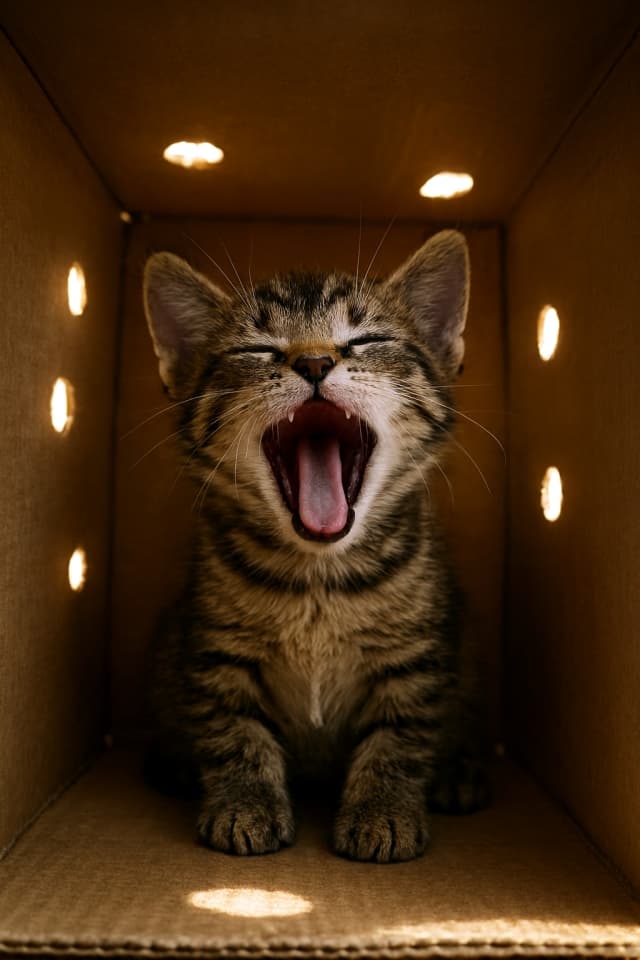「あくびのひかり箱(The Yawning Light Box)」 “A tiny yawn stirs the drifting dust of light.” Photorealistic tabby kitten yawning wide inside a cardboard box, golden sunlight streaming through circular holes, warm cozy atmosphere. 丸い穴から光が差し込む段ボール箱の中であくびをするキジトラ子猫。温かく居心地の良い雰囲気