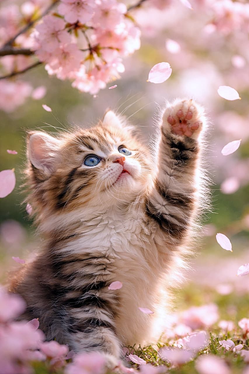「ひらひら舞う桜に、ちょいっ！春をつかまえようとする小さなおてて🌸🐾」Realistic close-up of a fluffy tabby kitten reaching up to paw at falling cherry blossom petals in soft spring light. 柔らかな春の光の中、舞い落ちる桜の花びらに前足を伸ばすふわふわのキジトラ子猫のクローズアップ