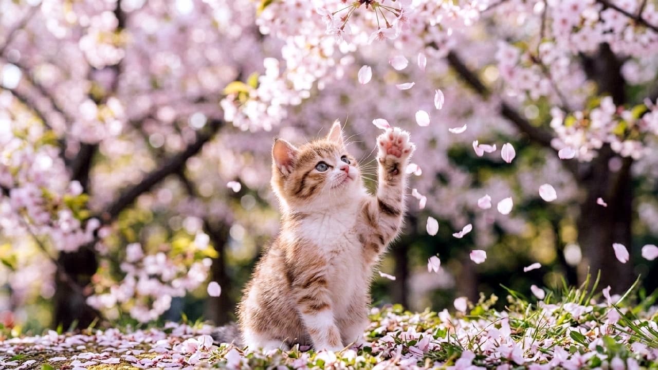 「春の奇跡に出会ったニャ🌸ひらひら舞う桜、捕まえられるかな?かわいさに癒やされたら「いいね」で教えてね🐾✨」An ultra-realistic high-quality photograph of a tiny brown tabby and white kitten eagerly pawing at falling pink cherry blossom petals under a blooming sakura tree. The image exquisitely captures the soft fur texture, curious eyes, and pink paw pads illuminated by gentle spring light against a beautifully blurred floral background. 満開の桜の木の下、舞い落ちるピンクの花びらに小さな前足を伸ばして無邪気に戯れる、キジ白(ブラウンタビー&ホワイト)の幼い子猫の超高画質リアル写真。木漏れ日に透けるフワフワな毛並みの質感、くりっとしたつぶらな瞳、ピンクの肉球が鮮明に描写され、背景には優しくボケた桜並木と春の柔らかい光が広がる幻想的で温もりあふれる情景