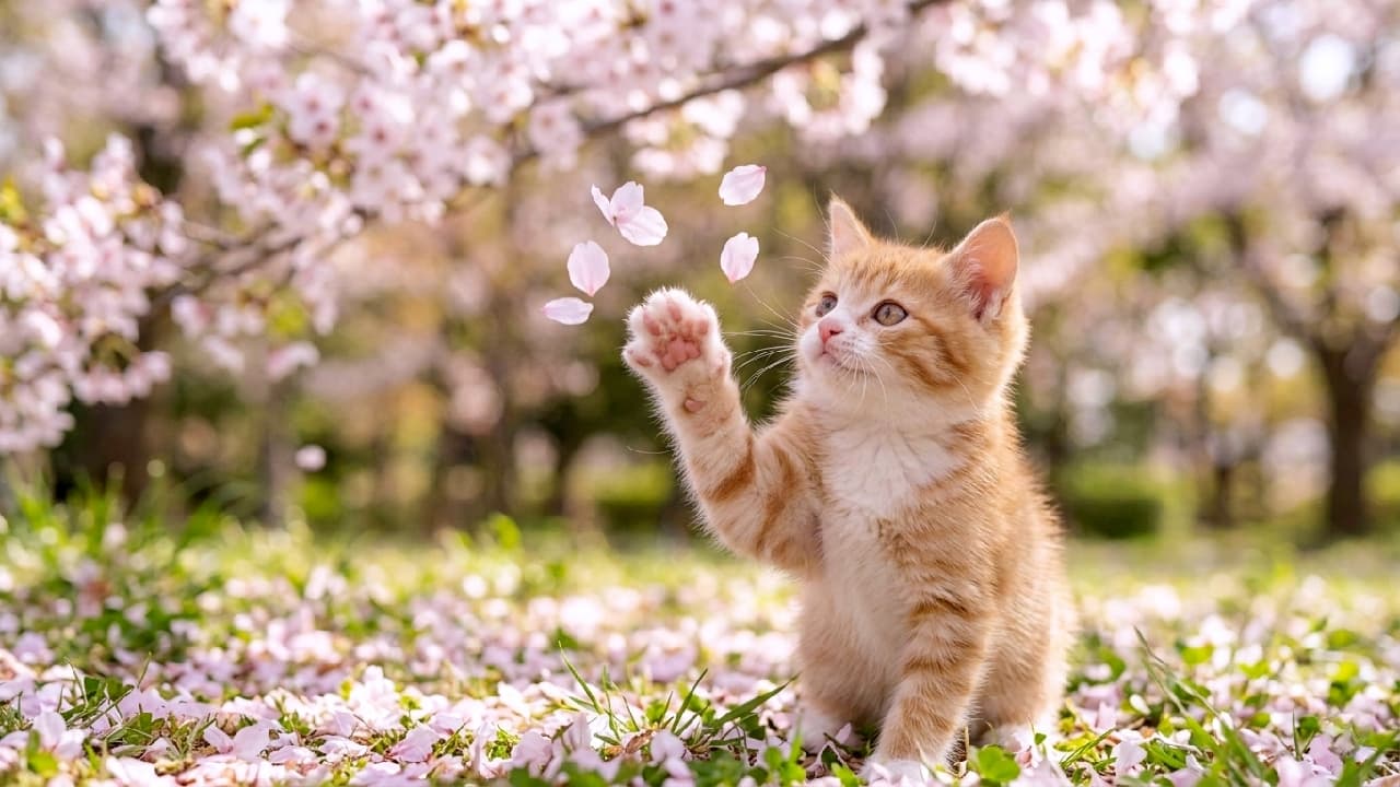 「🌸春の宝物ニャ🌸 舞い落ちる桜を捕まえる小さな一歩に「いいね」して🐾」An ultra-realistic high-quality photograph of a small short-haired ginger tabby kitten sitting in a field under blooming sakura trees. The kitten looks up with amber eyes at falling pink cherry blossom petals, one paw raised to catch them. The pink paw pads on its raised paw are clearly visible. The background is a soft-focus bokeh of more sakura flowers and gentle spring sunlight. 満開の桜の木の下、舞い落ちるピンクの桜の花びらを琥珀色の瞳で見上げ、小さな前足を必死に伸ばして捕まえようとする短毛種の茶トラ子猫の超高画質リアル写真。Raised pawのピンクの肉球が鮮明に描写され、背景の桜並木と柔らかい春の光が幻想的にボケている