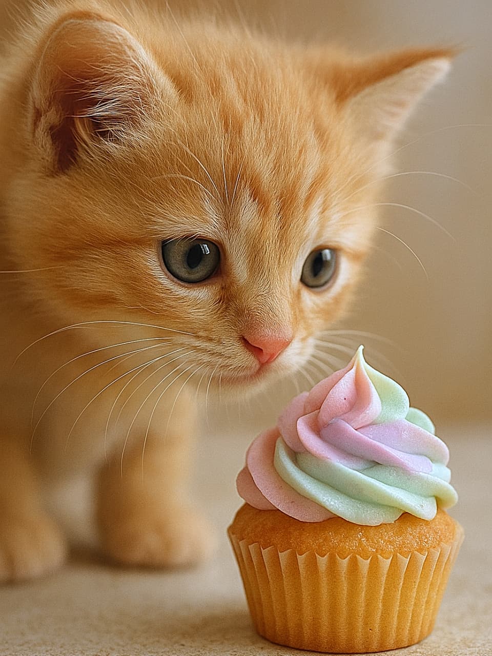 「パステルカラーの小さなカップケーキを前に、茶トラの子猫がじーっと観察中。「これ…食べ物？それとも新しいおもちゃ？」そんな声が聞こえてきそうな瞬間」Close-up of a curious ginger kitten staring at a tiny cupcake with pastel pink and mint frosting. パステルピンクとミント色のクリームがのった小さなカップケーキを、じっと見つめる茶トラの子猫のクローズアップ