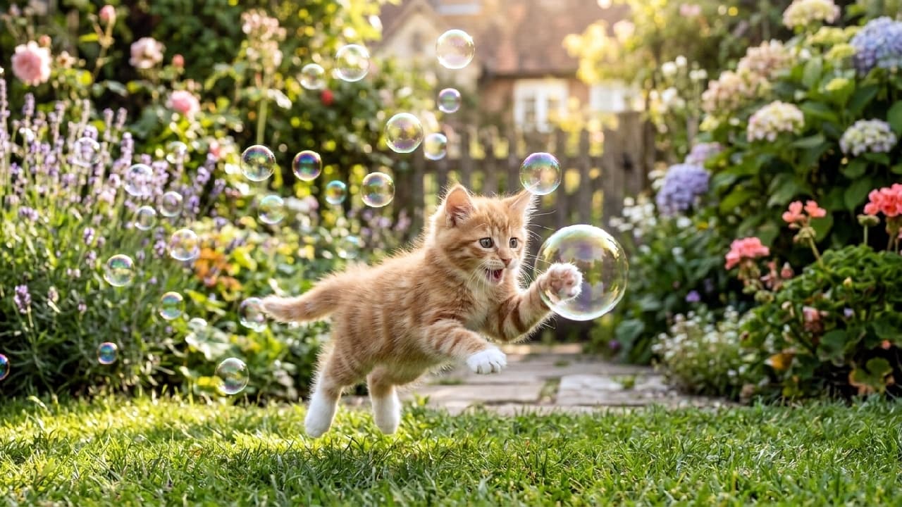 「晴れた庭でシャボン玉を追う姿にキュン🐈✨ジャンプの瞬間を捉えた、このかわいさにいいね! #子猫 #シャボン玉 #躍動感 #猫好きさんと繋がりたい」An ultra-realistic high-quality action photograph capturing a short-legged Munchkin-type red tabby and white kitten jumping dynamically through a flower-filled garden on a sunny day. The kitten is chasing iridescent soap bubbles with its mouth wide open in excitement, extending its right paw, with white socks, to touch one. Its white paws and chest and fluffy fur glow under the golden natural sunlight. The background features a beautifully blurred garden with lavender, roses, hydrangeas, and a wooden gate, with numerous bubbles floating around. 晴れた日の、色とりどりの花が咲き乱れる庭で、空中をダイナミックにジャンプしてシャボン玉を追いかける、短足の茶トラ白(レッドタビー&ホワイト)の子猫。口を大きく開け、見開いた目で興奮の表情を浮かべながら、白い足先の前足を伸ばして虹色のシャボン玉に触れようとしている。黄金色の自然光が差し込み、子猫のふわふわの毛並みを金色に輝かせている。背景にはラベンダー、バラ、アジサイ、木製の庭門が美しくボケて広がり、多数のシャボン玉が漂う、躍動感あふれる超リアルな高画質写真