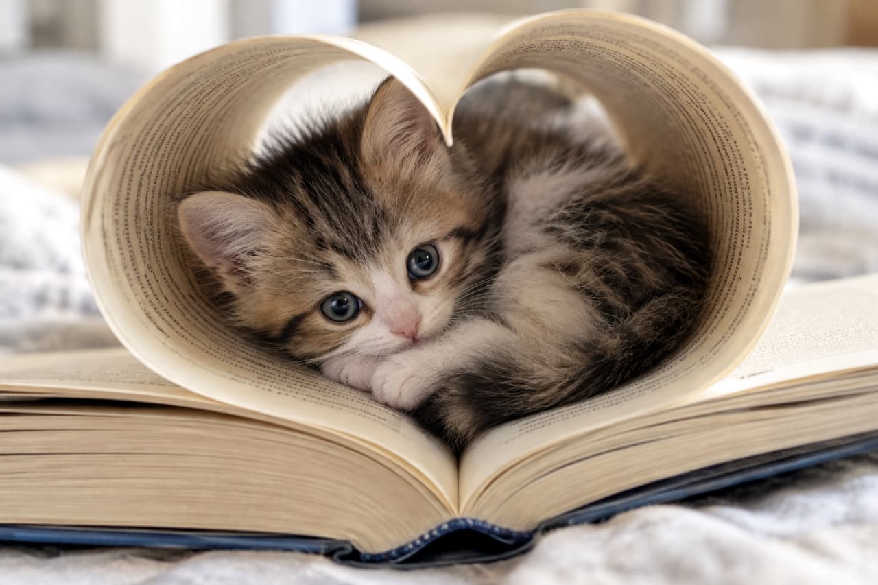 「愛の物語の中で、私は夢を見るニャ…📖💖ページのハートの中で丸まる、小さな天使。あなたの物語も、私が温めてあげるニャ🐈✨」Ultra-realistic high-quality photograph of a brown tabby and white kitten curled up sleeping inside a half-opened book, with pages carefully shaped into a heart. Its young blue eyes (kitten blue) are half-open, looking at the camera. Soft bed-like background. 半分開かれた本のページがハート型に丸められ、その中にくるんと丸まって眠るキジトラ白（ブラウンタビー＆ホワイト）の子猫。まだ幼い青色の瞳（キトンブルー）を開き、じっとこちらを見つめている。ふわふわの被毛と小さな肉球がハートのフレームに収まっている。背景はベッドのような柔らかい質感