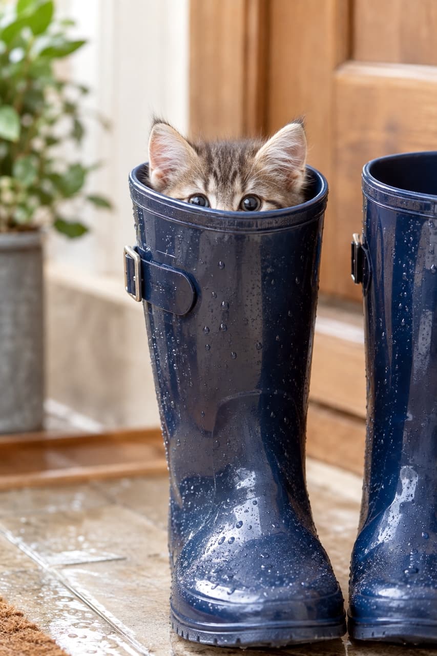 「長靴の秘密基地から、こっそりパトロール中ニャ☔️👀雨の日のお散歩も、これならへっちゃらだね！🐈🐾」High-quality photorealistic image of a fluffy brown tabby kitten hiding inside a wet, dark blue rain boot. Only its big expressive eyes and ears are visible above the rim, set against a cozy background of a wooden door with detailed raindrops on the boot. 雨粒が光るネイビーのレインブーツの中にすっぽりと身を隠し、フチから耳と大きな丸い瞳だけを覗かせている長毛種のキジトラの子猫。ブーツの濡れたツヤ感や水滴のリアルな描写、背景の温かみのある木製のドアが、雨の日の風情を効果的に演出