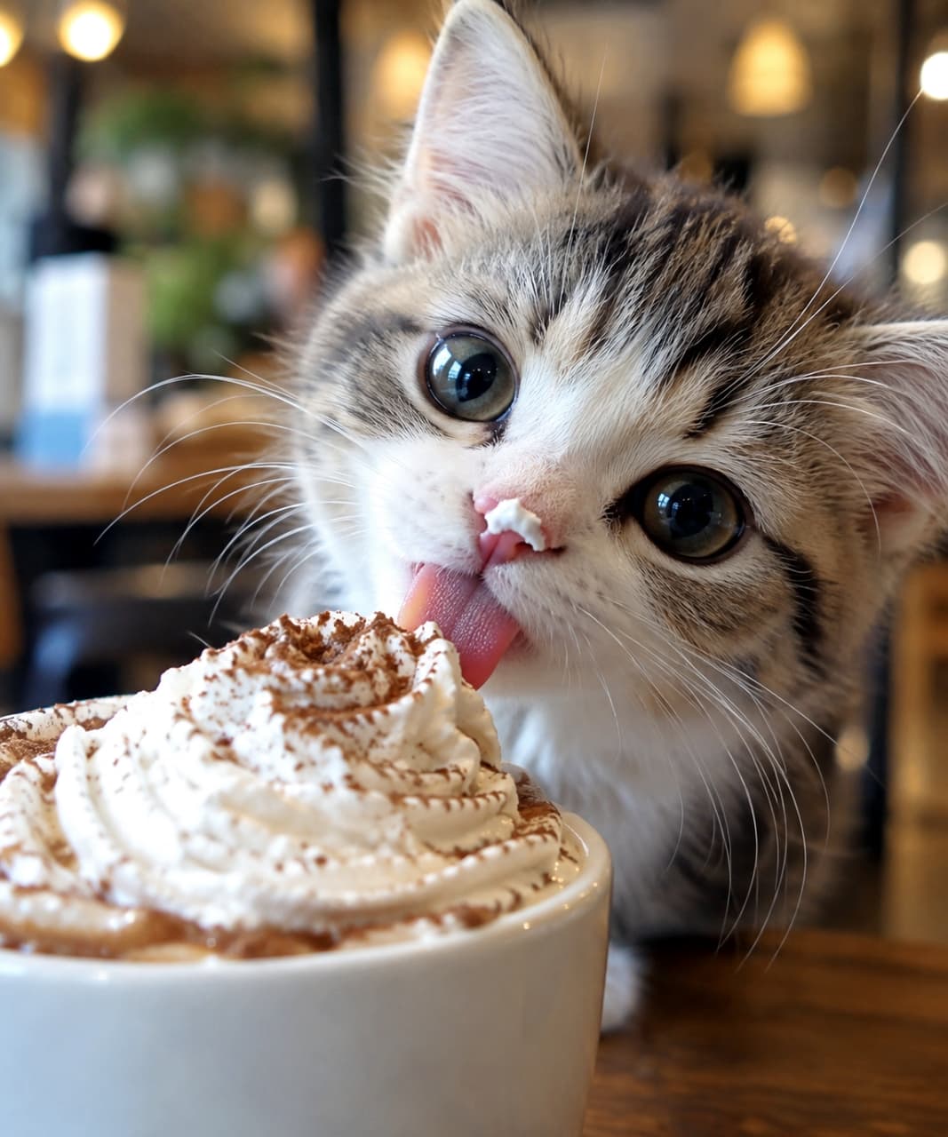 「あま〜いホイップクリーム、お鼻についちゃったニャ☕️👅美味しいカフェタイムでリラックスしよう！🐈✨」Ultra-realistic close-up photograph of a cute brown tabby and white kitten licking whipped cream off its nose. The kitten is looking directly at the camera with large, clear eyes, set against a beautifully blurred café background with warm lighting. ぼやけた温かみのあるカフェの背景の中、カフェラテにたっぷり乗ったホイップクリームを鼻先につけてペロリと舐めるキジ白（ブラウンタビー＆ホワイト）の子猫。大きくて澄んだ瞳とピンクの舌、ココアパウダーがかかったクリームの質感が鮮明かつリアルに描写されている