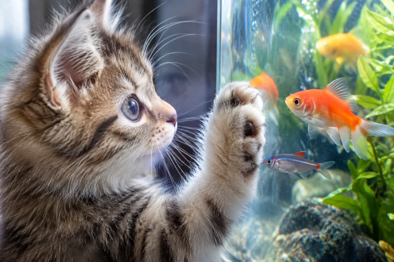 「ガラスの向こうの不思議な世界…！🐟✨きみたちは、だあれニャ？肉球タッチで、未知との遭遇だニャ！🐈🐾」Ultra-realistic high-quality macro photograph of a brown tabby kitten with its paw pressed against aquarium glass, gazing with intense blue eyes at curious fish (goldfish and neon tetras) swimming nearby. Details of fur, glass, and aquatic life are sharp. 水槽のガラスに肉球をぴったりと押し付け、中の魚を真剣な青色の瞳で見つめるキジトラ（ブラウンタビー）の子猫。ガラスの質感、子猫の被毛、そして水槽内を泳ぐ金魚や熱帯魚、水草が詳細に描写されている。好奇心と驚きが混ざった表情