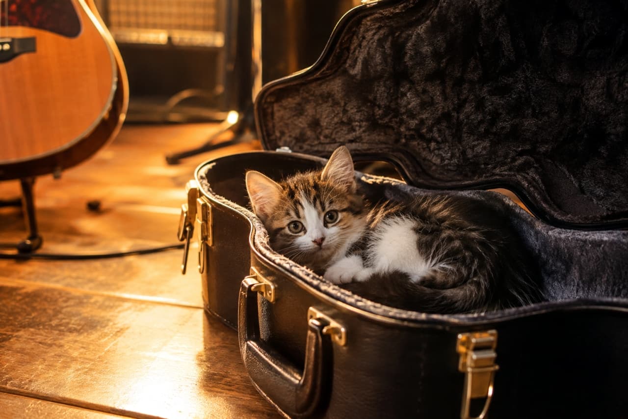 「ふかふかのギターケースの中は、最高のベッドなんだよ🎸💤出番が来るまで、もうちょっとだけおやすみニャ🐈✨」Photorealistic high-quality image of a fluffy brown tabby and white kitten curled up comfortably inside a black guitar case. The scene is illuminated by warm stage lighting, highlighting the wooden floor and the acoustic guitar in the background. 暖かなオレンジ色のステージ照明に照らされた木製の床の上で、黒いギターケースの中にすっぽりと丸まってくつろぐ長毛気味のキジ白（ブラウンタビー＆ホワイト）の子猫。ギターケースの高級感ある内装と、子猫のフワフワな被毛が温かみのあるコントラストを生んでいる