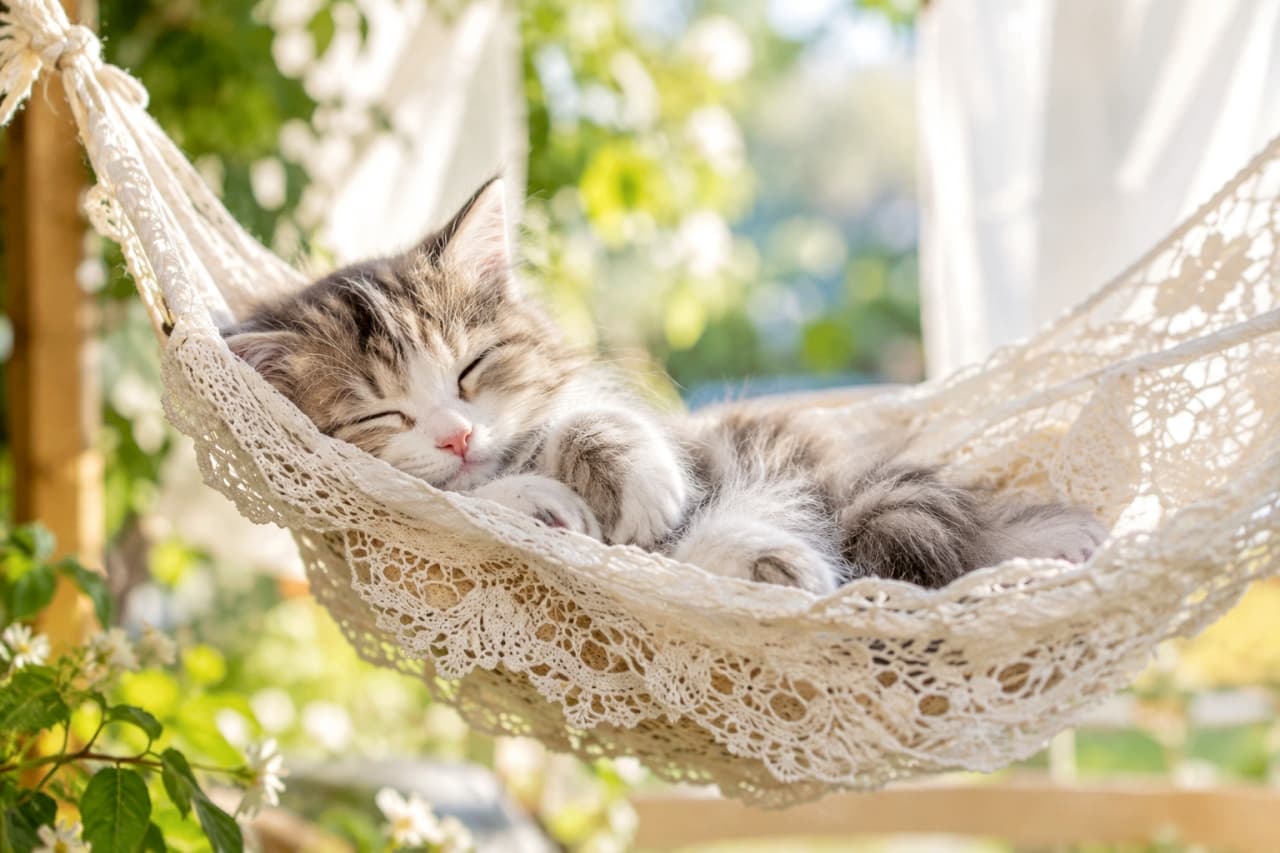「そよ風に揺られて、お昼寝の特等席だニャ🌿💤レースのハンモックで、どんな素敵な夢を見ているのかな？🐈✨」Ultra-detailed high-quality photo of a fluffy silver tabby and white kitten sleeping peacefully in a beautiful hammock made of white lace. The gentle breeze and soft sunlight filtering through the green garden create a perfectly relaxing atmosphere. 爽やかな緑と木漏れ日の中、繊細に編まれた純白のレースのハンモックにすっぽりと包まれてスヤスヤと眠る長毛のサバトラ白（シルバータビー＆ホワイト）の子猫。心地よいそよ風を感じさせる自然光が、レースの模様とフワフワの毛並みを美しく照らしている