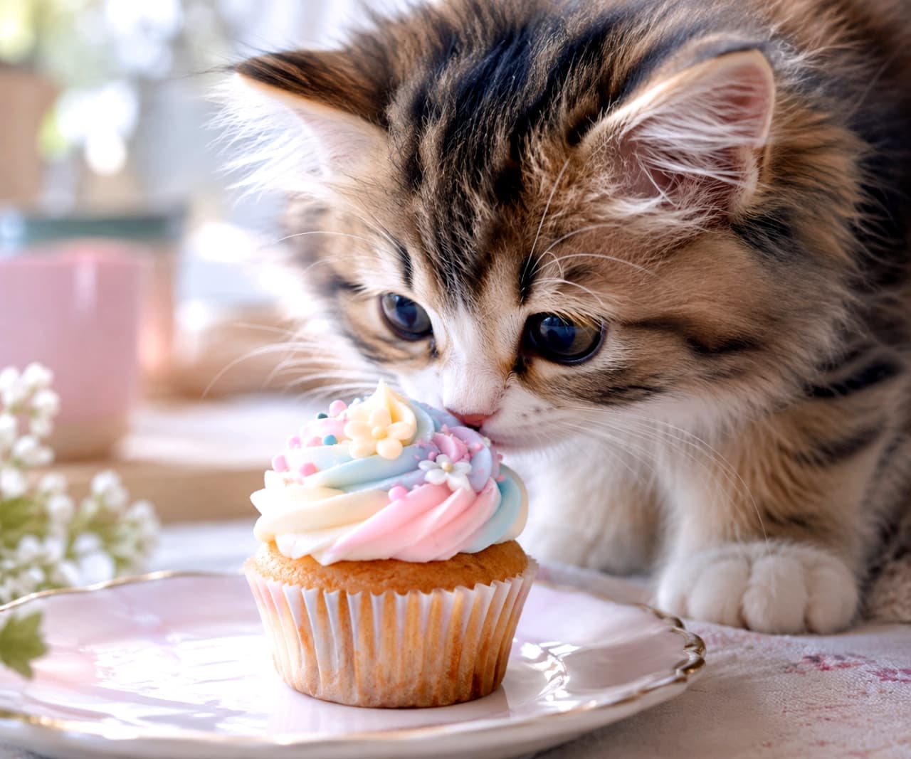 「わぁ、カラフルで美味しそうな匂いがするニャ🧁✨甘い誘惑に負けちゃいそうな、素敵なおやつの時間だね🐈💕」Realistic macro photograph of a fluffy brown tabby and white kitten sniffing a tiny, beautifully decorated cupcake with pastel frosting. The detailed focus captures the kitten's delicate whiskers and the appetizing texture of the sweet treat. 柔らかな光の中、お花の飾りがついたパステルカラーのフロスティングが乗った小さなカップケーキの匂いを真剣に嗅ぐ、長毛のキジ白（ブラウンタビー＆ホワイト）の子猫のリアルなマクロ写真。子猫の繊細なヒゲや柔らかな毛並み、お菓子の細部まで美しく描写されている