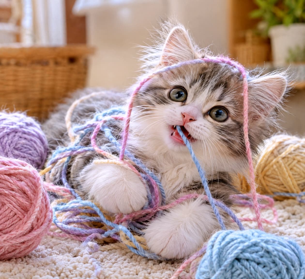 「糸に絡まっちゃったニャ🧶✨でも、この感触がたまらないんだニャ🐾一緒に遊んでくれる？🐈💕」Ultra-realistic high-quality photograph of a fluffy long-haired brown tabby and white kitten delightfully tangled in soft pastel colored yarn balls. The kitten is playfully biting a yarn thread with a cheerful expression, looking towards the camera with its large bright eyes. The background is a cozy room with a basket and plants, bathed in gentle morning sunlight. 木漏れ日が差し込む温かい部屋で、ピンクや青のパステルカラーの毛糸に絡まりながらじゃれつく、長毛種のキジトラ白（ブラウンタビー＆ホワイト）の子猫。楽しそうに口元で毛糸を噛み、澄んだ大きな瞳でこちらを見つめている。ふわふわの被毛と毛糸の柔らかな質感が非常にリアルに描写されている。背景にはバスケットや観葉植物がボケて写り、居心地の良い雰囲気