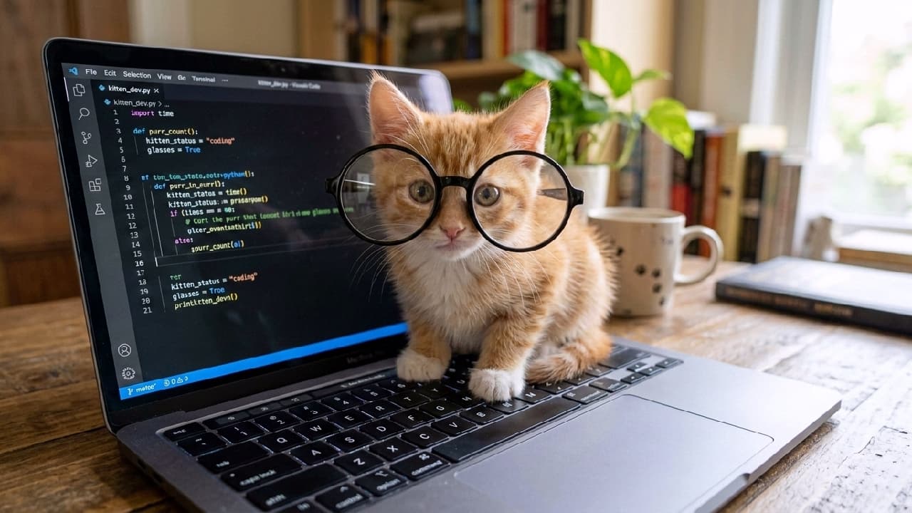 「眼鏡をかけて、いざコーディング!🐈👓💻今日の『git push』はパパの分までボクがやるよ! #猫エンジニア #茶トラ #癒やし #眼鏡猫 #gitpush #猫好きさんと繋がりたい」An ultra-realistic high-resolution photograph of a tiny orange tabby kitten wearing oversized round black-rimmed glasses, sitting on an open MacBook keyboard. The kitten with white paws and a pink nose stares intently at the screen showing Python code in VS Code. On a rustic wooden desk, there's a mug with paw prints, a potted plant, a bookshelf, and soft natural window light. Detailed textures of fur, keyboard, and reflections. 非常に幼い茶トラ(オレンジタビー)の子猫が、大きな黒縁の丸眼鏡を着用し、開いたMacBookのキーボードの上に丸くなって座っている。子猫はピンクの鼻と白い前足を持ち、画面に表示されたPythonコード(VS Code)をじっと見つめている。木製のデスクの上には、肉球模様のマグカップ、鉢植えの植物、本棚があり、窓からの柔らかな自然光が差し込んでいる。子猫のふわふわの毛並み、キーボードの質感、眼鏡の反射が極めてリアルな、高解像度写真