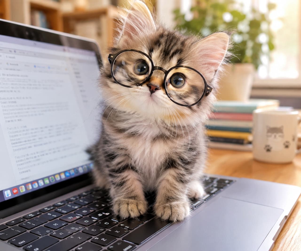 「今日のお仕事はわたしが手伝うニャ💻👓キーボードの上から、あなたのタイピングをしっかり監視中だぞ！🐈✨」High-resolution shot of a fluffy brown tabby kitten wearing oversized round glasses, sitting confidently on an open laptop keyboard. The bright, natural-lit workspace background adds a cozy and productive atmosphere to this humorous portrait. 自然光が差し込む明るいワークスペースで、開いたノートパソコンのキーボードの上に座る長毛のキジトラ（ブラウンタビー）の子猫。顔の半分を覆うようなオーバーサイズの黒い丸メガネをかけ、知的で澄んだ青い瞳でカメラを見つめているユーモラスな一枚