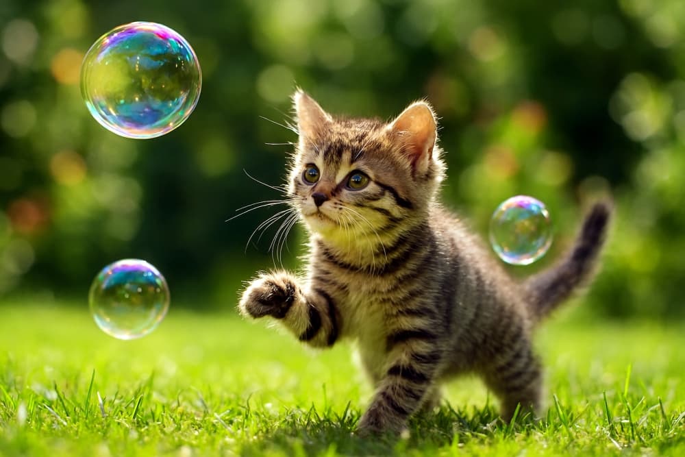 A playful tabby kitten reaches out toward floating soap bubbles on a sunny lawn, surrounded by soft greenery. シャボン玉に向かって手を伸ばす子猫が、緑に囲まれた芝生の上で遊ぶ、陽気で幻想的なシーン