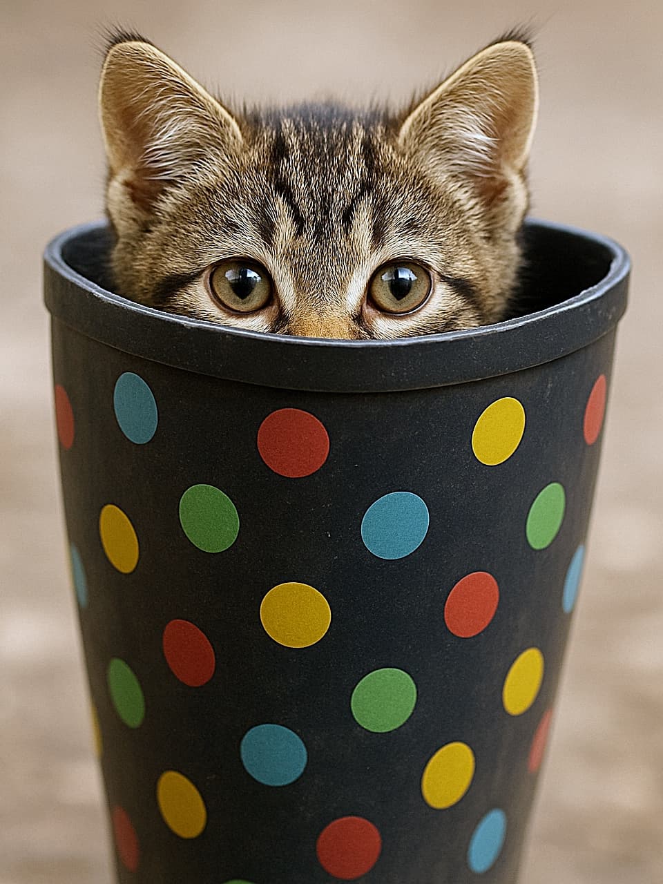 A tabby kitten peeks out from inside a navy rain boot decorated with colorful polka dots, showing only its eyes and ears. カラフルな水玉模様の長靴の中から、目と耳だけを出してこちらを見つめるキジトラの子猫