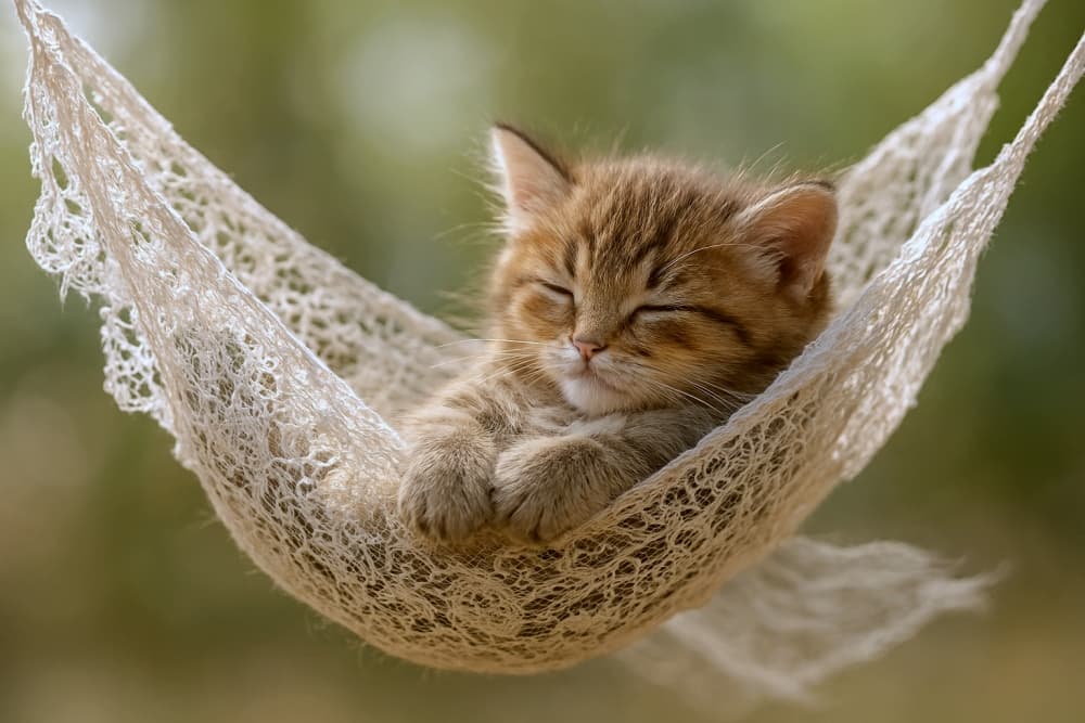 「そよ風に揺れるレースの夢」Cradled in lace, the kitten drifts into dreamland with the gentle breeze. / Ultra-detailed photo of a fluffy tabby kitten sleeping in a delicate white lace hammock outdoors, lace billowing slightly in a soft breeze, warm natural light, dreamy atmosphere. 白いレースのハンモックに包まれて、縞模様の子猫が緑に包まれた屋外の光の中で静かに眠っている
