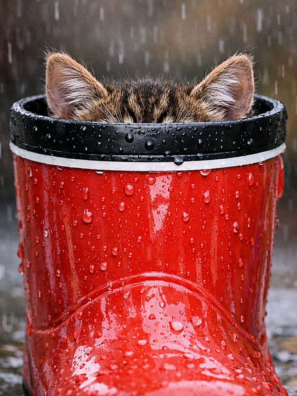 「目と耳だけ見えるはずが…構図迷子になった初代サンプル」A photorealistic image of a kitten hiding inside a rain boot, with only its eyes and ears visible above the rim. レインブーツの中に隠れ、縁から目と耳だけをのぞかせているフォトリアルな子猫の画像
