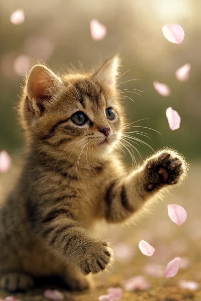 A curious tabby kitten reaching out to falling pink petals in golden light. Gentle and playful moment in nature. ピンクの花びらに手を伸ばすキジトラ子猫。金色の光に包まれた、自然の中の優しく遊び心ある瞬間