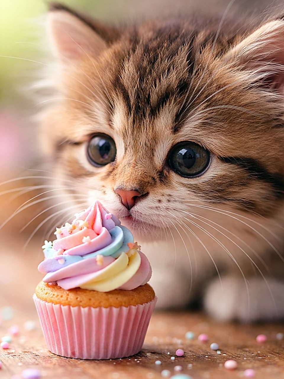 「ふわふわの子猫が、パステルカラーの小さなカップケーキに興味津々。「これ食べ物？それともおもちゃ？」とでも言いたげな、甘くて可愛い瞬間」Close-up macro of a curious kitten sniffing a tiny cupcake with pastel rainbow frosting and sprinkles on a wooden table. 木のテーブルの上のパステルカラーの小さなカップケーキに、興味津々で鼻を近づける子猫のマクロ写真