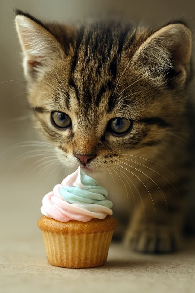A curious tabby kitten sniffs a pastel-frosted cupcake, its wide eyes focused on the swirled icing. 好奇心いっぱいのトラ猫の子猫が、パステルカラーのクリームが乗ったカップケーキをくんくんと嗅いでいる