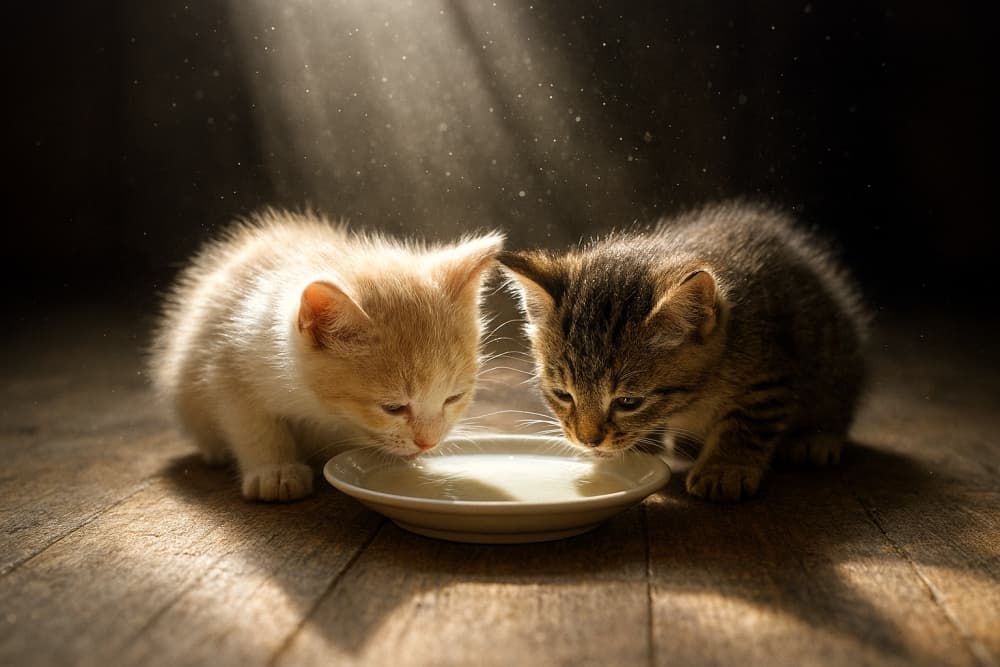 Two kittens—one orange, one tabby—drinking milk from a white dish on a sunlit wooden floor. Peaceful and tender. オレンジとキジトラの２匹の子猫が、木の床に置かれた白い皿からミルクを飲んでいる。光に包まれた穏やかな情景