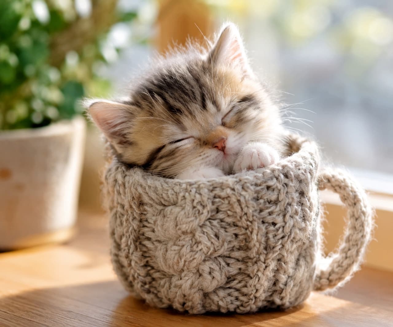 「朝の光と毛糸の温もりに包まれて…この世の幸せがここにあるニャ🌞🧶ゆっくりおやすみ、小さな天使🐈💤」Ultra-realistic high-quality photograph of a tiny brown tabby kitten sleeping soundly inside a warm knitted mug sleeve. Soft morning sunlight illuminates its fluffy fur texture and tiny paws. The background features a gentle bokeh of a potted plant. 柔らかな朝の光を浴び、毛糸で編まれた温かそうなマグカップ型のスリーブの中で、目を閉じて安らかに眠るキジトラ（ブラウンタビー）の子猫。ふわふわとした被毛の質感、小さな肉球、リラックスした表情が詳細に描写されている。背景の観葉植物は優しくボケている