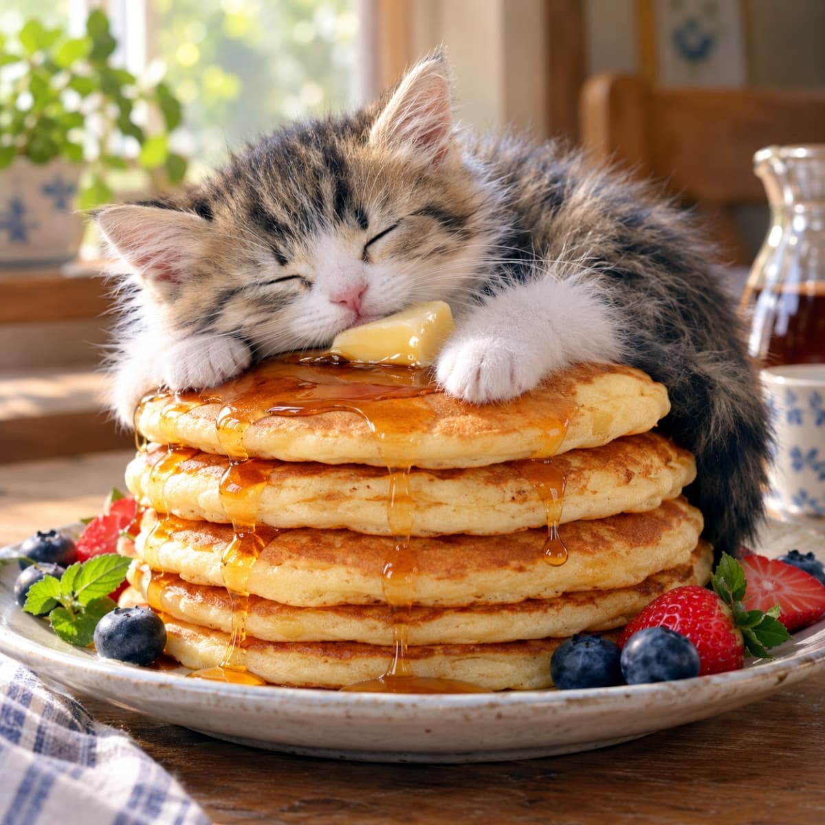 「ふわふわパンケーキのベッドは最高だニャ🥞🍯甘い匂いに包まれて、幸せな夢のおかわりいかがですか？🐈💤」Ultra-detailed high-quality photograph of a brown tabby and white kitten sleeping soundly on a stack of fluffy pancakes. The realistic image captures dripping syrup, melting butter, and fresh berries under soft natural window light. 窓から差し込む柔らかな日差しの中、高く積まれたパンケーキの上でスヤスヤと眠るキジトラ白（ブラウンタビー＆ホワイト）の子猫。ふわふわの被毛、バターに寄り添う無防備な寝顔、滴り落ちるシロップ、お皿に添えられたイチゴやブルーベリーの質感が極めてリアルに描写されている
