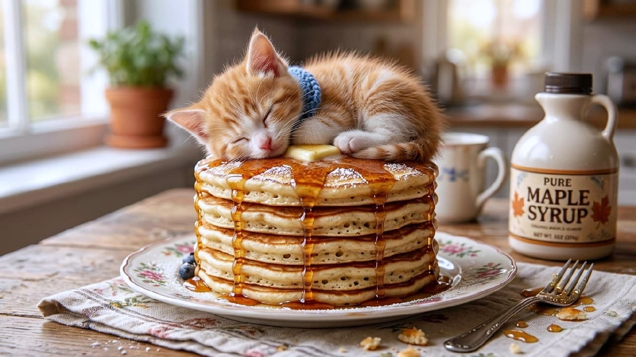 「シロップの甘〜い香りに包まれて夢の中…🥞青い首輪の茶トラちゃんにキュンが止まらない💕 #猫好きさんと繋がりたい」Ultra-realistic high-quality photograph of an adorable orange tabby and white kitten wearing a blue knitted collar, sleeping peacefully on top of a tall stack of fluffy pancakes. Warm natural morning sunlight illuminates the rustic wooden table, featuring melting butter, dripping amber maple syrup, a maple syrup bottle, a fork, and a soft-focus kitchen background. あたたかな朝の光が差し込むナチュラルなキッチン。木製テーブルに置かれた高いパンケーキのタワーの上で、青い小粋なニット首輪をつけた茶トラ白(レッドタビー&ホワイト)の幼い子猫が幸せそうに目を閉じて丸くなって眠っています。とろけるバターと滴る琥珀色のメープルシロップ、粉糖の質感やふわふわの被毛まで精密に描写され、横にはシロップボトルや観葉植物が添えられた温もりあふれるワンシーン