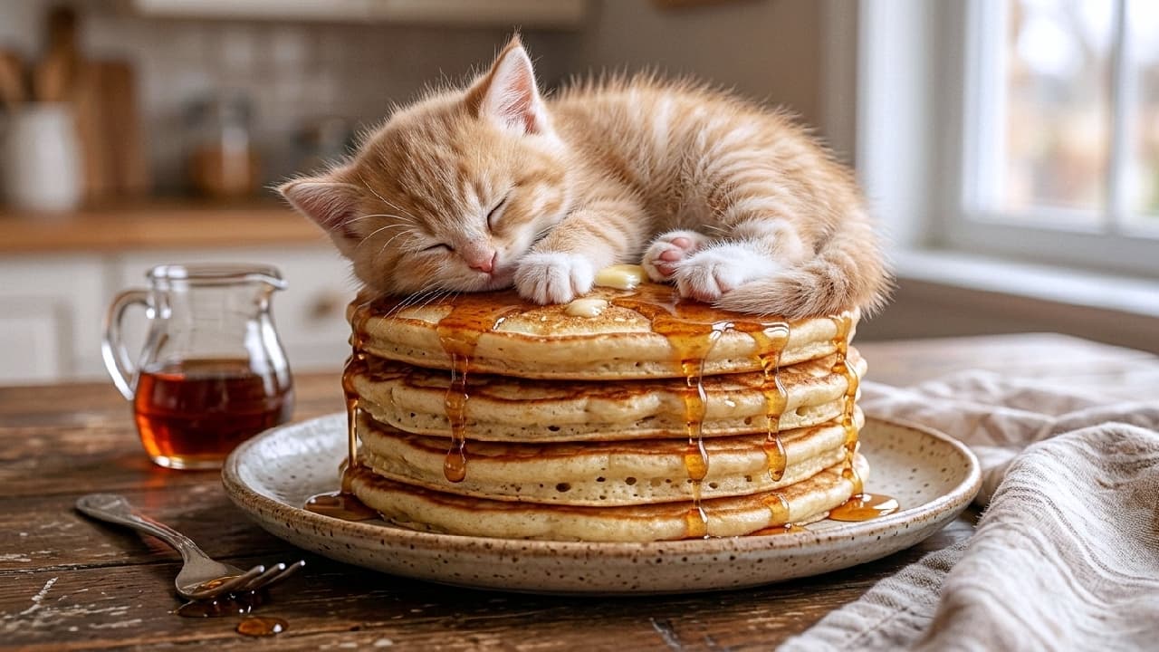 「ふわふわパンケーキの上で夢の中…🥞🐈💤 甘〜いシロップと子猫の寝顔に、心もとろけちゃう至福の時間✨」Ultra-realistic high-quality photograph of an adorable orange tabby and white kitten sleeping peacefully on top of a tall stack of fluffy pancakes. Warm natural sunlight illuminates the rustic wooden table, highlighting the melting butter, slowly dripping amber maple syrup, and the soft texture of the kitten's fur. 柔らかな自然光が差し込む素朴な木製テーブルの上で、ふっくらと高く積まれたパンケーキの上に乗り、すやすやと眠る茶トラ白(レッドタビー&ホワイト)の子猫。溶け出すバターと滴る琥珀色のメープルシロップが食欲をそそり、子猫のふわふわの被毛や白い前足の質感が極めてリアルに描写された、温かみのある情景