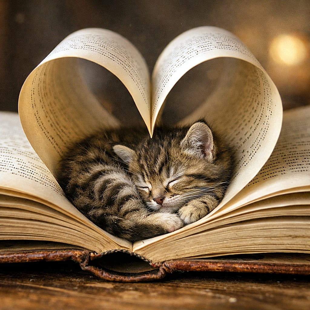 「物語のど真ん中でおやすみ中。ページのハートに包まれた小さな夢の住人📖🐾」Ultra-detailed photo of a sleeping tabby kitten curled inside a half-open book, with the pages folded into a heart shape under warm ambient light. ハート型に折られたページの間で眠るキジトラ子猫を捉えた超高精細写真。暖かな光に包まれている