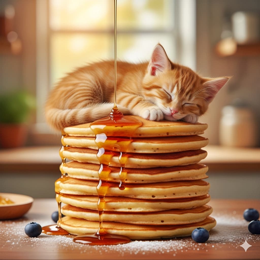 A detailed, photorealistic image of a small orange kitten sleeping peacefully on a tall stack of pancakes with syrup slowly dripping down, surrounded by blueberries and warm morning light. シロップがゆっくり垂れるパンケーキの山の上で、小さなオレンジ色の子猫が気持ちよさそうに眠っているリアルで繊細な画像。周囲にはブルーベリーと朝の柔らかな光がある