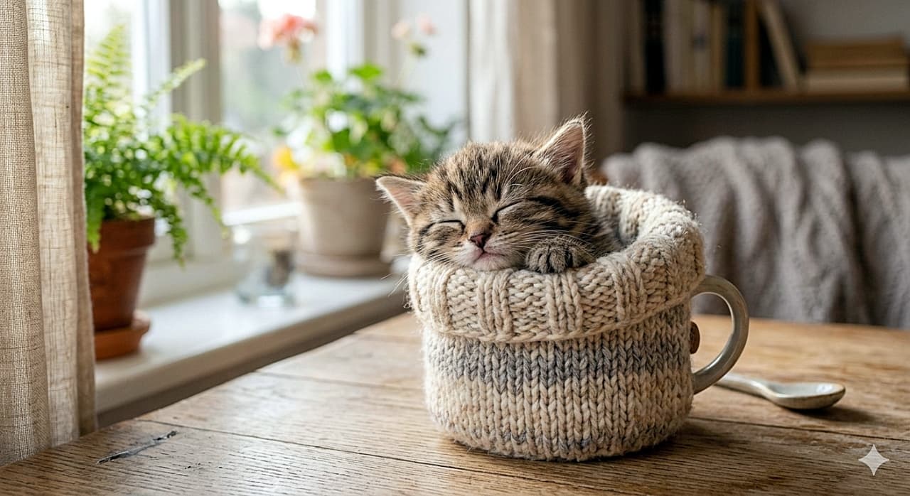 「あったかニットのマグカップでスヤスヤ夢の中💤 小さなおててを乗せてお昼寝する姿に癒やされるニャ☕️」An ultra-realistic, high-resolution horizontal photo of a tiny tabby kitten sleeping peacefully inside a ceramic mug covered with a thick, cream and grey knitted mug sleeve. The kitten's eyes are closed, and its tiny paws are delicately resting on the edge of the soft knitted material. The mug sits on a textured wooden table next to a small ceramic spoon. Soft morning light streams in from a window in the softly blurred background, warmly illuminating potted green plants and a cozy living room setting. クリーム色とグレーの厚手なニットのマグカップスリーブに包まれた陶器のマグカップの中で、安らかに眠っている小さなキジトラ子猫の超写実的で高解像度な横長写真。子猫は目を閉じており、小さな両前足を柔らかいニットの縁にそっと乗せている。マグカップは質感のある木のテーブルの上に置かれ、横には小さな陶器のスプーンが添えられている。柔らかくぼやけた背景の窓からは優しい朝の光が差し込み、鉢植えの観葉植物や居心地の良い部屋の様子を温かく照らしている