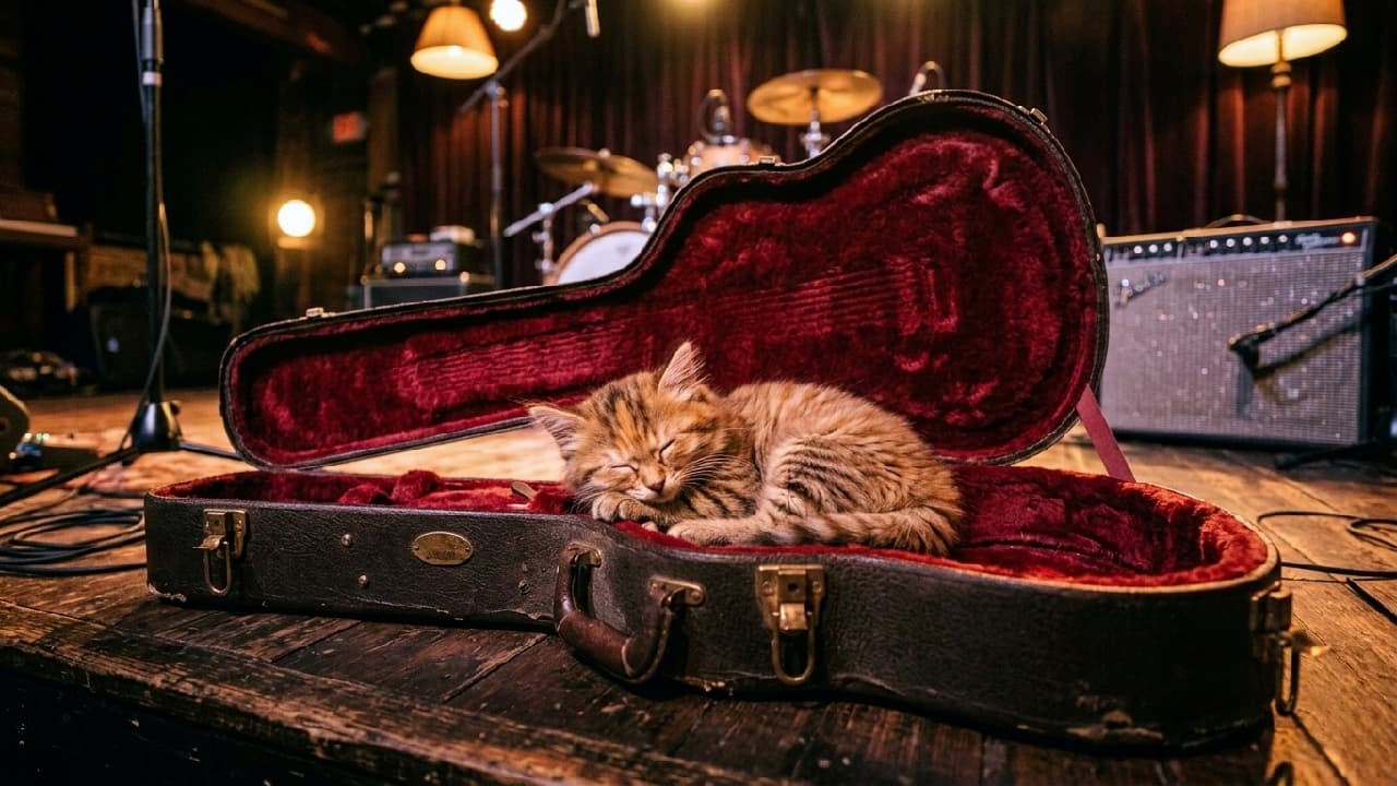 「ステージ裏の特等席🐈✨ギターケースに収まったキジトラちゃんの完璧な「アンモナイト」姿に癒やされる…💕 #猫 #キジトラ #ギターケース #猫好きさんと繋がりたい」Ultra-photorealistic high-quality photograph of a small brown tabby kitten curled up and sleeping soundly inside an open vintage hard guitar case. Warm, golden stage lighting illuminates the kitten snuggled against the red plush velvet lining. The background features detailed stage equipment, including a drum kit, vintage Fender amplifiers, microphone stands, and cables on a wooden floor. The kitten is perfectly round in its sleep. ステージ上に置かれた古いハードギターケースの中で、丸くなって眠るキジトラ(ブラウンタビー)の子猫。温かいゴールド系のステージ照明に照らされ、子猫は使い込まれたギターケースの赤いベルベットの内張りに包まれ、幸せそうに目を閉じている。背景には、ドラムセット(バスドラム、タム、シンバル)、ビンテージ風のアンプ(Fenderロゴ)、マイクスタンド、ケーブル、そして赤いカーテンが見える。子猫のふわふわの被毛の質感、ケースの質感、そして背景の機材まで極めて精密に描写された、超リアルな高画質写真
