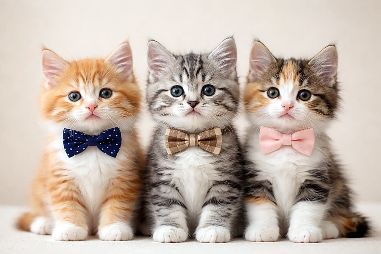 「蝶ネクタイでキメた子猫トリオ、今日も正装で集合です🐾✨」Three kittens sitting in a neat row against a neutral background, each wearing a tiny bow tie—an orange tabby with a navy polka-dot bow tie, a silver tabby with a plaid bow tie, and a calico with a pink bow tie.　無地の背景の前に横一列に並び、小さな蝶ネクタイをつけた3匹の子猫。左からネイビー水玉のオレンジタビー、チェック柄のシルバータビー、ピンクの蝶ネクタイの三毛猫