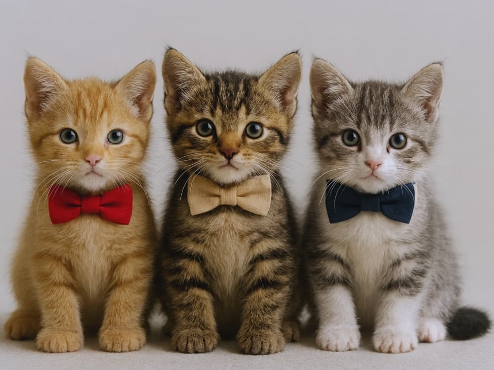 Three kittens in colorful bow ties sit side by side, gazing at the camera with wide eyes against a soft neutral background. カラフルな蝶ネクタイをつけた３匹の子猫が並んで座り、カメラを見つめる愛らしいポートレート