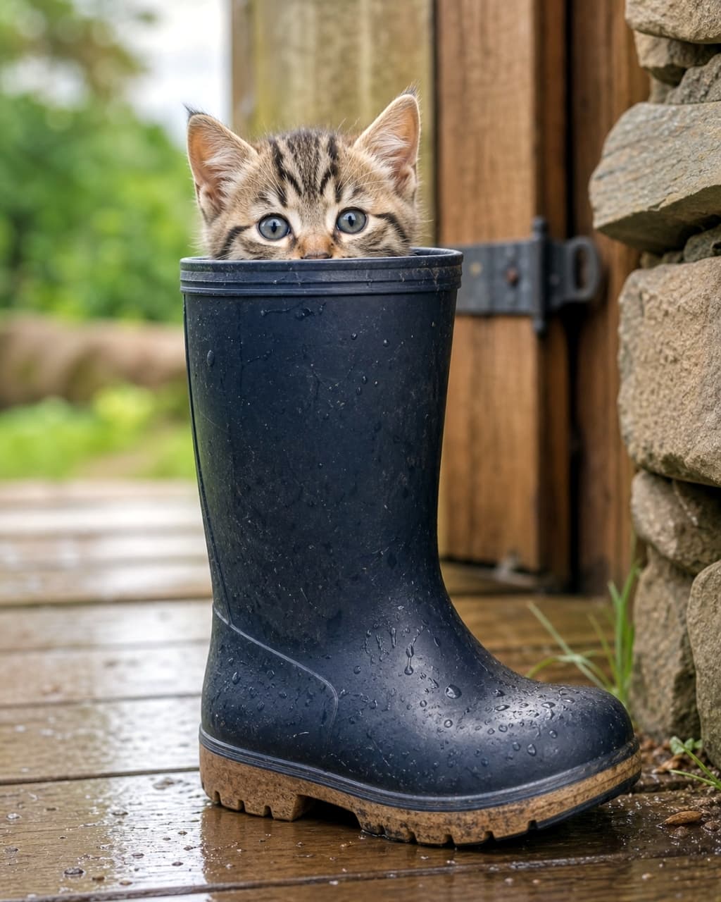 「お外はまだ雨が降ってるかな？☔️長靴の船に乗って、水たまりの海へ大冒険に出発する準備はバッチリだニャ🐈⚓️」High-quality, photorealistic image of a small brown tabby kitten peeking out from a wet rain boot. Its beautiful blue-gray eyes and both ears are clearly visible above the rim. Soft natural lighting and shallow depth of field highlight the detailed fur texture. 自然光が優しく差し込む中、水滴がついたネイビーの長靴の中からひょっこりと顔を出すキジトラ（ブラウンタビー）の小さな子猫。ピンと立った両耳と青灰色の瞳がブーツのフチからしっかりと見えており、浅い被写界深度により背景の石壁や木の扉が美しくボケている