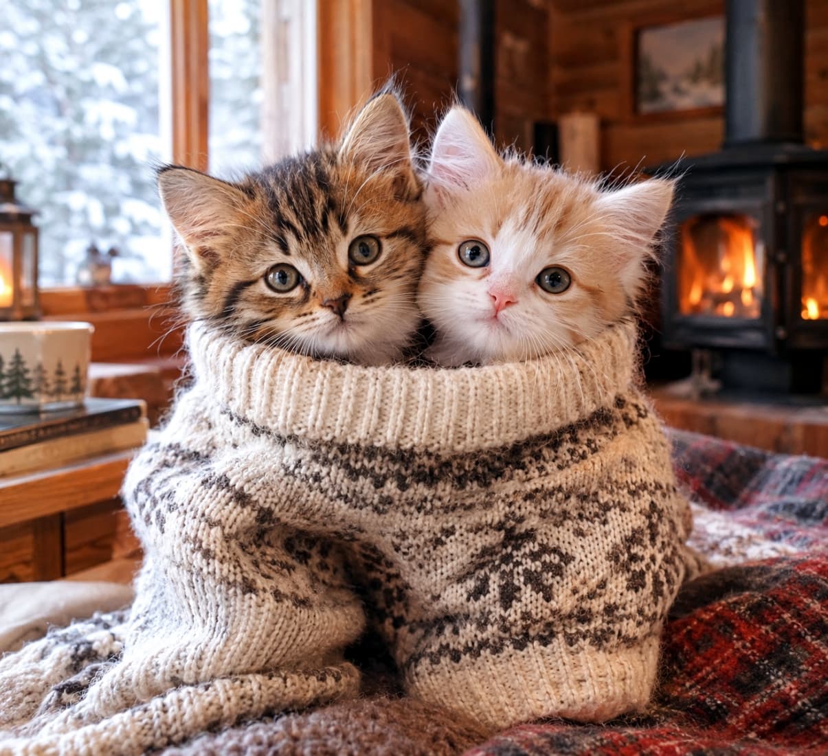 「おっきなセーターの中は、ふたりで一緒に入るとぽっかぽかだニャ🧶🔥寒い冬も寄り添っていればへっちゃらだね🐈🐈」Photorealistic image of two kittens (brown tabby and red tabby with white) sharing one oversized Nordic sweater, peeking out affectionately. The warm glow from the fireplace in a cozy winter cabin highlights their fluffy fur and the thick knitted texture. 暖炉の火が燃える冬のログハウスの室内で、一枚の大きなノルディック柄セーターの首元から仲良く顔を出す2匹の長毛子猫（左：キジトラ、右：茶白）。冬の寒さを忘れさせるようなオレンジ色の温かな光と、柔らかな厚手ニットの質感が非常にリアル