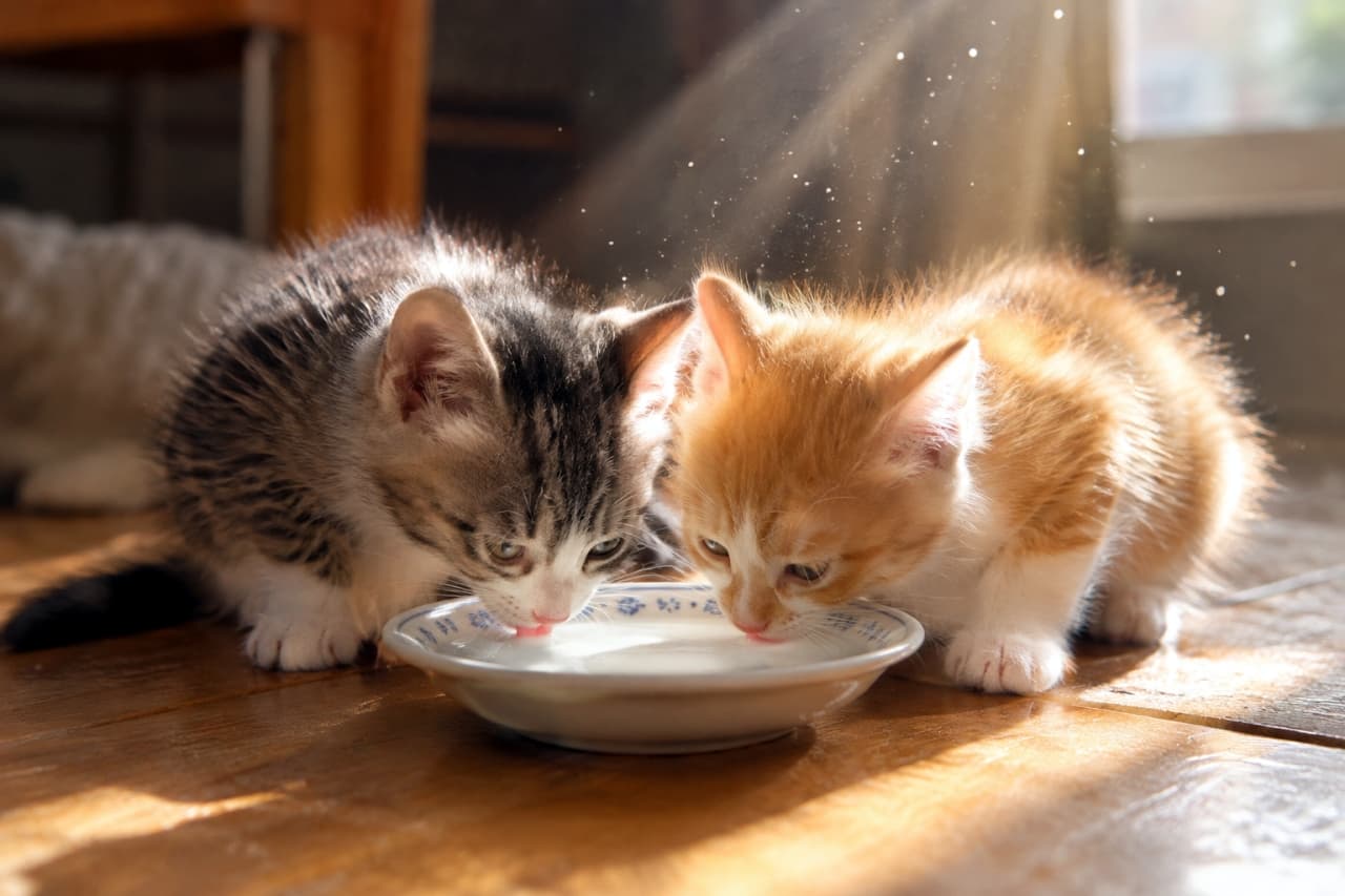 「ぽかぽかお日様の下で、はんぶんこして飲むミルクは特別美味しいニャ🥛☀️二人一緒ならなんだって楽しいね！🐈🐈」Photorealistic high-quality image of two kittens, a silver tabby and a red tabby, sharing a saucer of milk on a wooden floor under a beautiful sunbeam. Dust particles floating in the golden light add a nostalgic and warm atmosphere. 窓から差し込む美しい光の筋（サンビーム）の下で、一つの小さなお皿に入ったミルクを仲良く舐め合う、サバトラ（シルバータビー）と茶トラ（レッドタビー）の子猫たち。空中に舞う細かな埃が光を反射し、ノスタルジックで温かな情景を作り出している