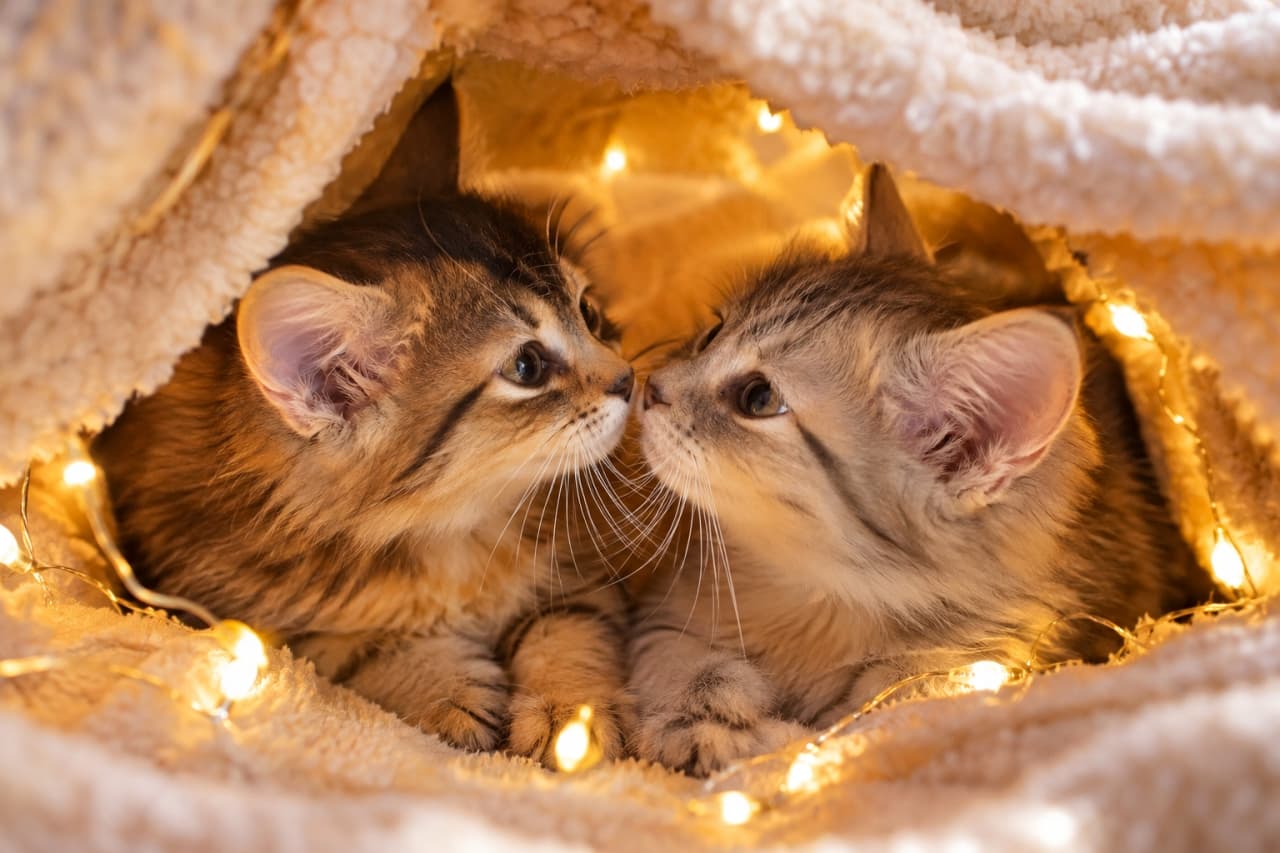「ここだけの秘密だニャ…🤫💕ブランケットの秘密基地で、仲良しのノーズキス。フェアリーライトも二人を祝福してるみたい✨🐈✨」Ultra-realistic high-quality photograph of two fluffy long-haired kittens (silver and brown tabby) touching noses inside a cozy blanket fort. Golden fairy lights glow softly around them, creating a warm, magical, and intimate atmosphere. ふわふわのブランケットで作られた秘密基地のような空間で、鼻先を寄せ合って挨拶をする2匹の長毛種（シルバータビー系とブラウンタビー系、ノルウェージャンフォレストキャットやミックスを推測）の子猫。周囲には温かみのある金色のフェアリーライトが優しく灯り、幻想的な雰囲気
